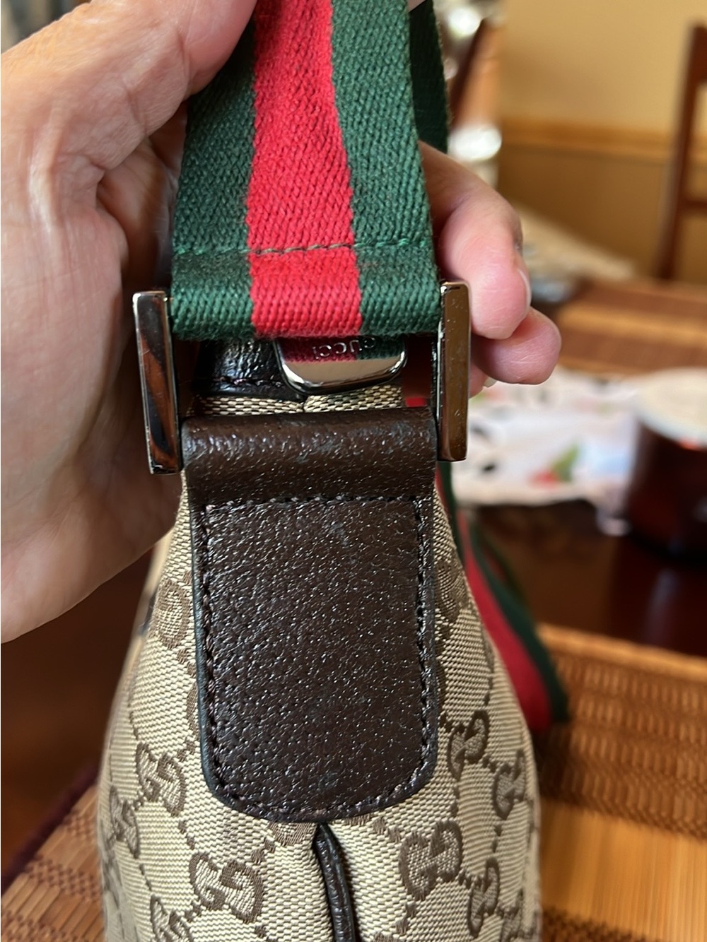 Gucci Beige Brown Monogram Crossbody with Green & Red Web Strap - Picture 10 of 16